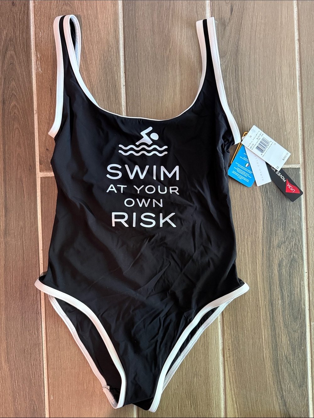 Black 'Swim at Your Own Risk' One-Piece Swimsuit